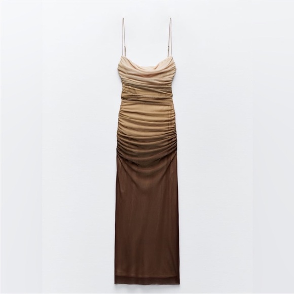 π€ ZARA Bloggers Fav Brown Tulle Ruched Midi Tube Dress. MEDIUM. Great Condition! - Picture 13 of 15
